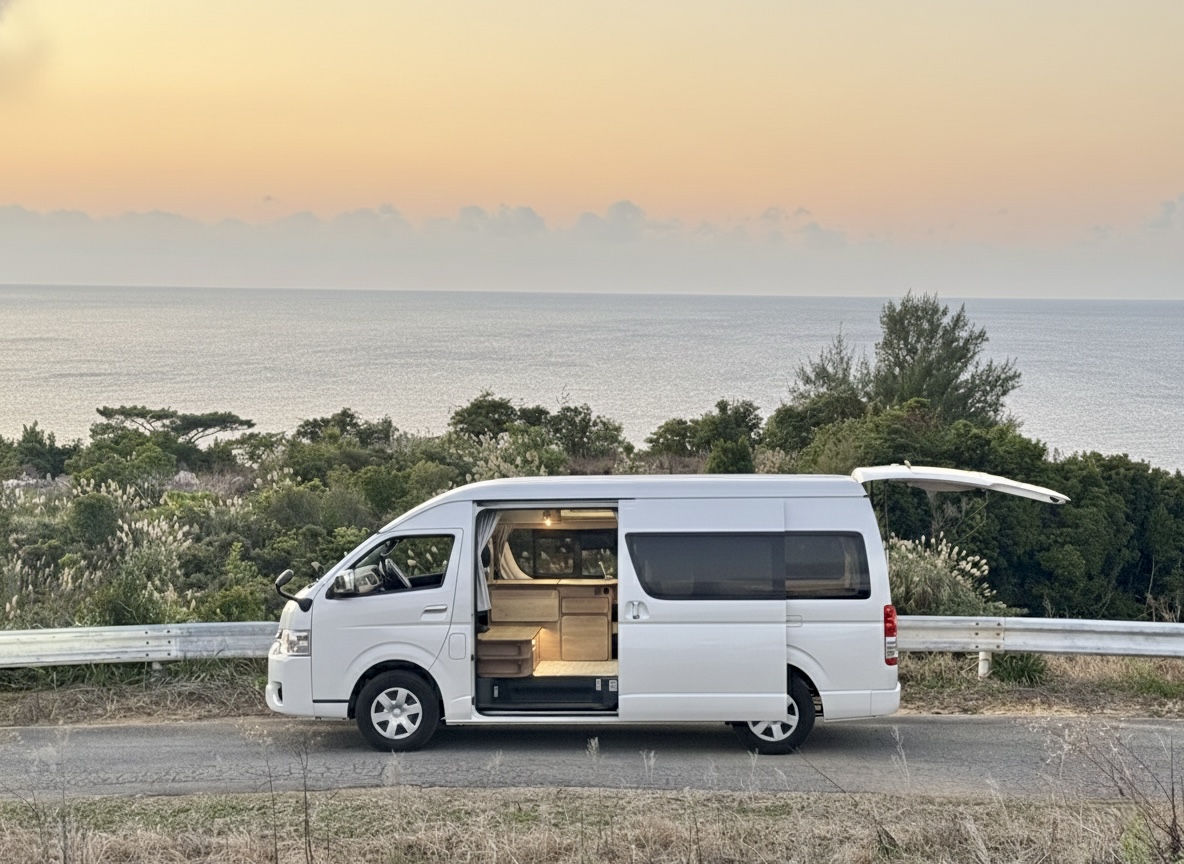 沖縄の海辺に停めたキャンピングカー — 88CAMPCARのスーパーロングハイエース
